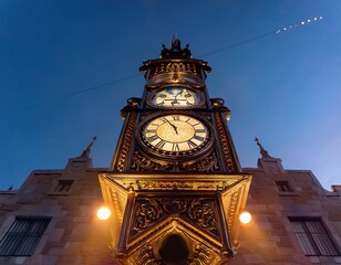 ornate clock tower with illuminated clock face and visible gearwork at dusk