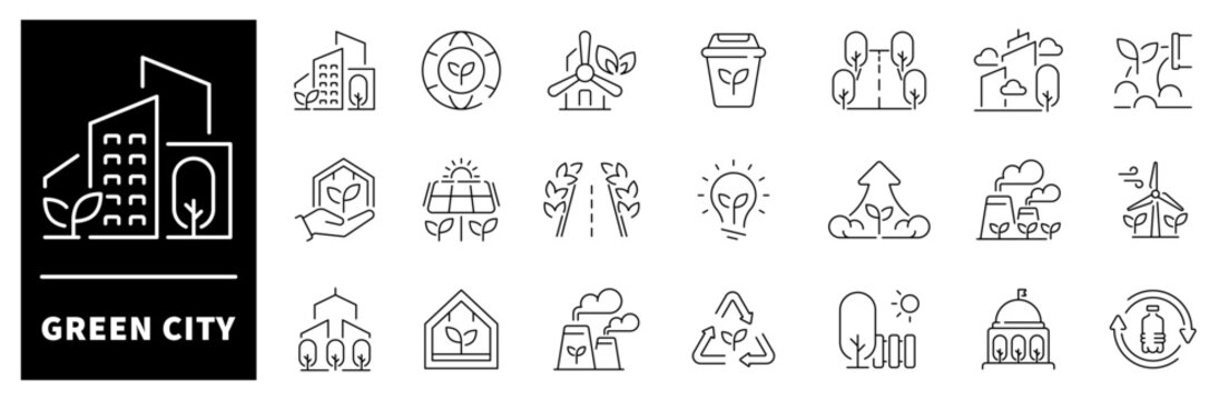 Green city vector icons in line style. Green city icons set. ECO city related icons