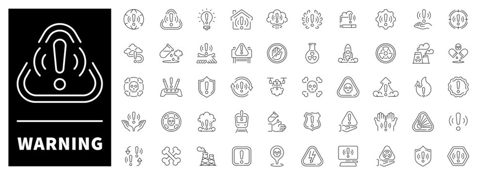 Warning icons collection. Thin line icons related to danger and warning. Warning alert