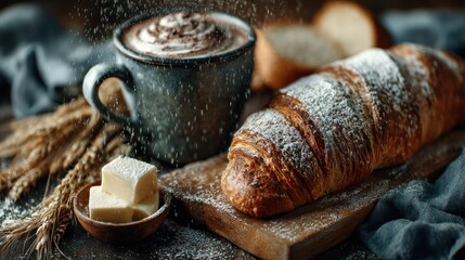 Delightful Morning Still Life: Croissant, Hot Chocolate, and Butter Indulgence