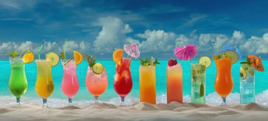 The Tropical Cocktails Lined Up on a Sandy Beach with Turquoise Ocean