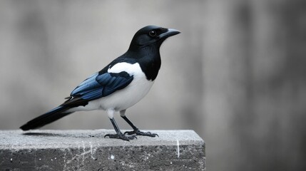 Adult magpie bird perched on grey concrete surface with ample copy space for textual content