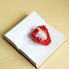 Open book with plastic red jaws inside book mockup blank template isolated book professional presentation blank empty  creative composition versatile use  professional lighting expert styli
