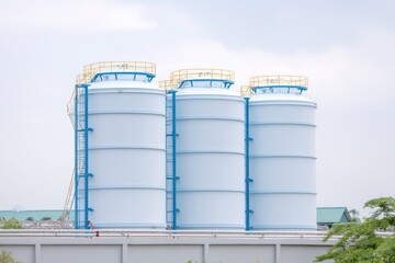 Industrial Storage Tanks with Blue Framework Under a Cloudy Sky in a Manufacturing Facility