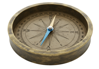 Antique Brass Compass with a Clear Face Displaying Directional Markings and a Blue Needle