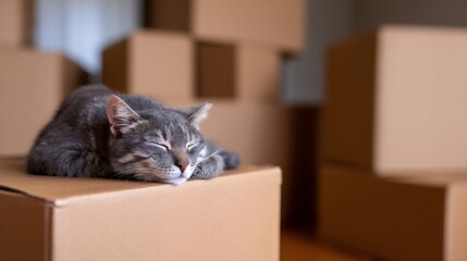 Cat sleeping on cardboard box. Kitten resting during home relocation. Pet adaptation to a new house. Comfort during moving.