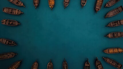 Aerial View of Traditional Wooden Boats Arranged in a Circular Pattern on Clear Water