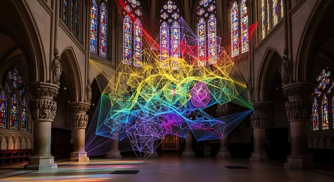 Rainbow string art glowing in sacred hall
