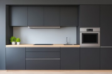 Fototapeta premium Modern Minimalist Kitchen with Dark Cabinets and Sleek Design Elements in Contemporary Setting