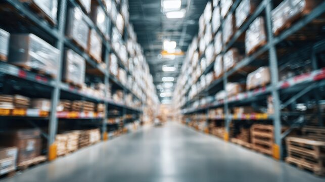Stunning photo of warehouse industry blur background with logistic wholesale storehouse, blurry industrial silo interior aisle for furniture merchandise inventory and wood.