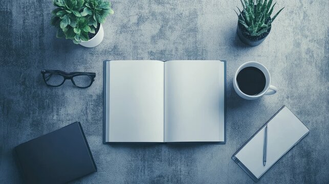 Flatlay of open blank notebook, coffee cup, eyeglasses, succulent plants, notepad, and closed notebook on a textured grey surface