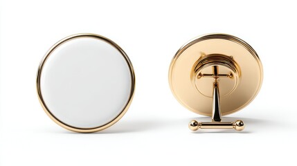 Stunning photo of blank white round gold lapel badge mock up, front and back side view, 3d rendering. Empty hard enamel pin mockup. Metal clasp-pin design template. Expensive.