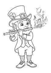 Happy Leprechaun Playing Flute: Line Art, St. Patrick's Day, Festive, Cheerful Illustration
