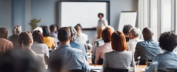 The audience attending a corporate training seminar in a bright modern conference room
