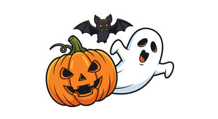 Cartoon halloween pumpkin bat and ghost on a white background