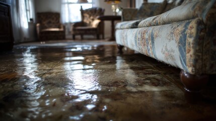 Stunning photo of close-up of a flooded living room floor from a water leak, highlighting the damage to furniture and flooring.