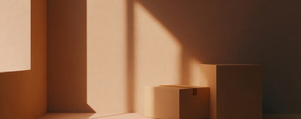 Fototapeta premium Moving box and another box in an empty room with sunlight. Real estate, housewarming, or new home relocation concept.