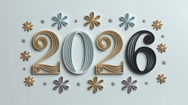 Quilled 2026 Numbers with Decorative Flowers for New Year Celebrations, Representing Festive Greetings and Holiday Season, Ideal for Cards and Banners