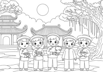 Happy Children in Traditional Asian Clothing, Line Art, Festive Mood, Coloring Page Illustration