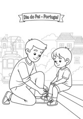 Father tying son's shoelaces; heartwarming black and white illustration, Portuguese Father's Day theme, Lisbon street scene.