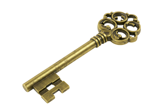 antique ornate brass skeleton key with intricate design on a black background