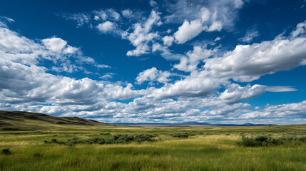 Fototapeta premium Vastly Wide Grassland With A Cloud‑Rich Sky And Low Horizon In A One‑Third Composition