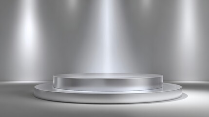 Stunning photo of background podium 3D light white and chrome platform stage product abstract. Scene background 3D podium metallic pedestal room glow studio empty stand floor.