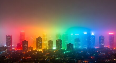 Fototapeta premium Soft fog diffusing rainbow city lights
