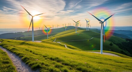 Spinning rainbow wind turbines on grassy hills