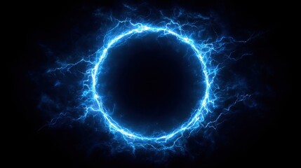 Stunning photo of electric blue lightning frame with plasma portal on dark background. Round glowing sphere with neon strikes. Energy circle border with flash spark effects.