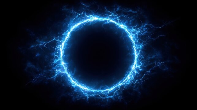 Stunning photo of electric blue lightning frame with plasma portal on dark background. Round glowing sphere with neon strikes. Energy circle border with flash spark effects.