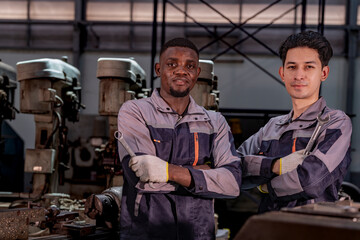 Two confident industrial technicians standing in a machine workshop with arms crossed. Teamwork, skilled labor, engineering, manufacturing, and industrial pride.
