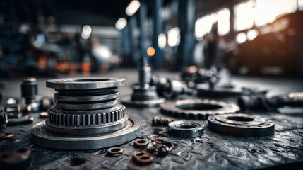 Stunning photo of various car spare part on the garage floor on a car background, auto repair shop or auto parts store concept.