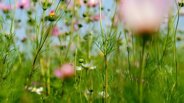 A field of pastel cosmos blossoms against a light blue sky.  Delicate pink and white flowers, with vibrant green stems and leaves, rise towards the clear sky