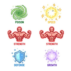 Flat lay of various video game-style icons for power-ups and abilities, including poison, speed, strength, defense, and growth, on a clean white background.