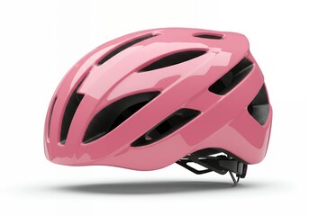 Fototapeta premium Pink aerodynamic bicycle helmet with ventilation system isolated on white background for safety equipment product photography