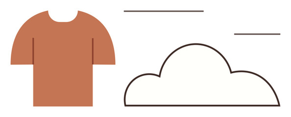 Brown T-shirt beside a simple black-outlined cloud with minimalist lines, representing fashion, weather, creativity, sustainability, simplicity, design, and innovation. A clean simple flat metaphor