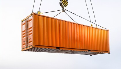 orange shipping container suspended by crane against a white background view