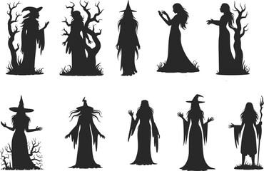 Halloween witch silhouette vector set, spooky female figures with hats and staffs, scary magical women near haunted trees, gothic fantasy illustration elements.
