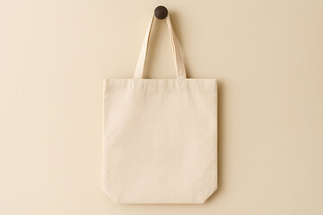 Canvas tote bag mockup blank cotton shopping bag hanging on wall hook