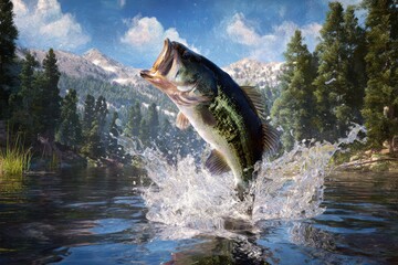 Fototapeta premium A large-mouth bass jumping out of the water, splashing around