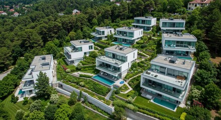 Fototapeta premium Captivating Aerial Vista of Contemporary Hillside Residences Harmonized with Nature
