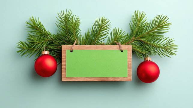 Wooden sign with green paper surrounded by pine branches and red ornaments on a light blue background, perfect for Christmas greetings.