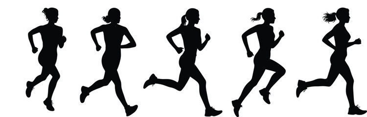 Silhouette vector illustration of woman running in different poses, fitness and exercise concept, healthy lifestyle, jogging, sports activity, motion, dynamic movement design