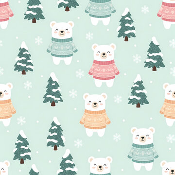 Winter Whimsy: A cheerful pattern of cuddly bears in cozy sweaters frolic amidst a serene winter landscape, showcasing joy and warmth