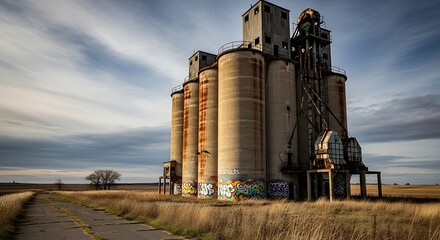 Obraz premium A striking rural landscape featuring an abandoned grain elevator and weathered road
