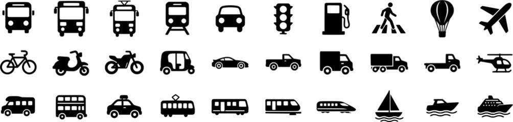 Transportation and vehicle icon set with vector glyph pictograms of travel, logistics, and public transit, featuring cars, trains, buses, bicycles, boats, and airplanes in black silhouette style