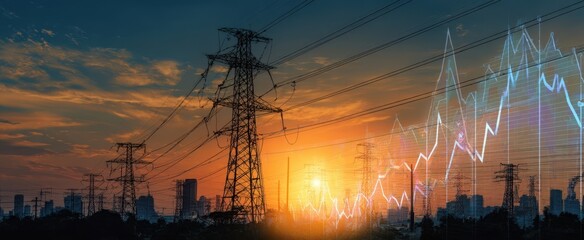 The Power Transmission Towers at Sunset with City Skyline and Energy Graph Overlay