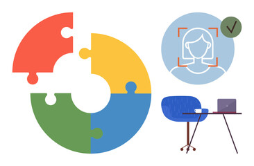 Circular puzzle in four colors, face recognition icon with checkmark, and desk with laptop and chair. Ideal for teamwork, identity, workflow, automation, productivity, technology problem-solving