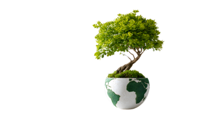 White Background Featuring A Green Tree Growing In A Globe Shaped Pot Beside An Earth Globe Promoting Environmental Awareness